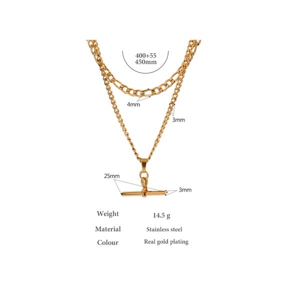 NEW 18K Gold Plated Double Layer Link Chain Bar Drop Necklace - Picture 4 of 4